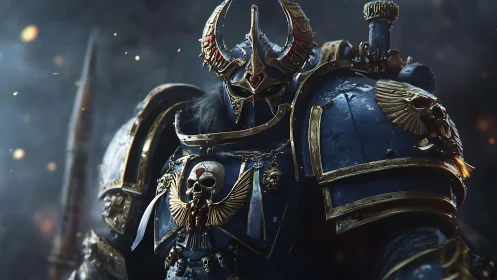 Heavily armored gothic supersoldier with ornate skull heraldry