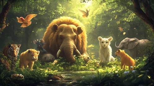 Luminous jungle fauna assemble around a central mammoth figure