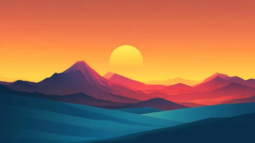 Sunlit gradient mountains under glowing amber sky.