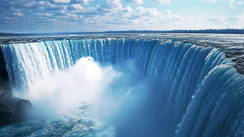 Thunderous sky-blue torrent plunges in a colossal mist curtain.