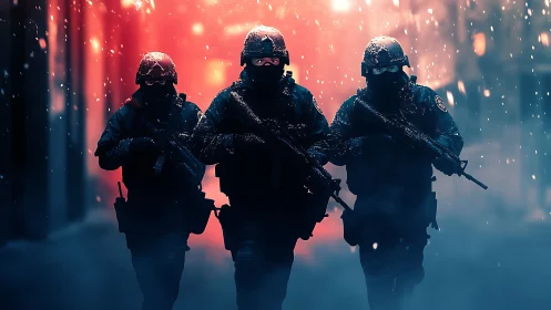 Armed tactical unit advances through a neon storm