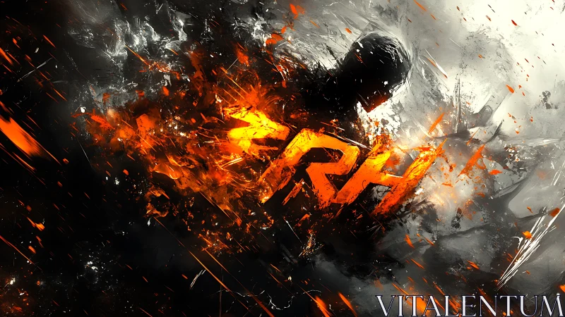 Explosive fiery silhouette emerges from swirling chaos.