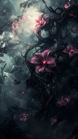 Dark enchanted vines with glowing pink flowers in mist