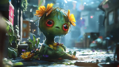 Melancholic plant creature waits alone in a rainy alleyway