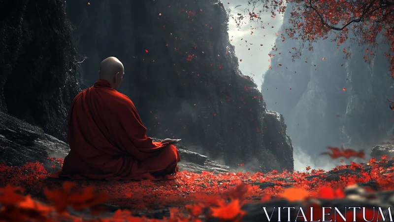 Scarlet monk in misty canyon cradle of drifting autumn leaves.