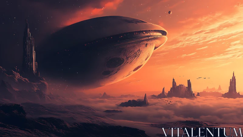 Crimson dusk mothership drifting above misty alien spires.