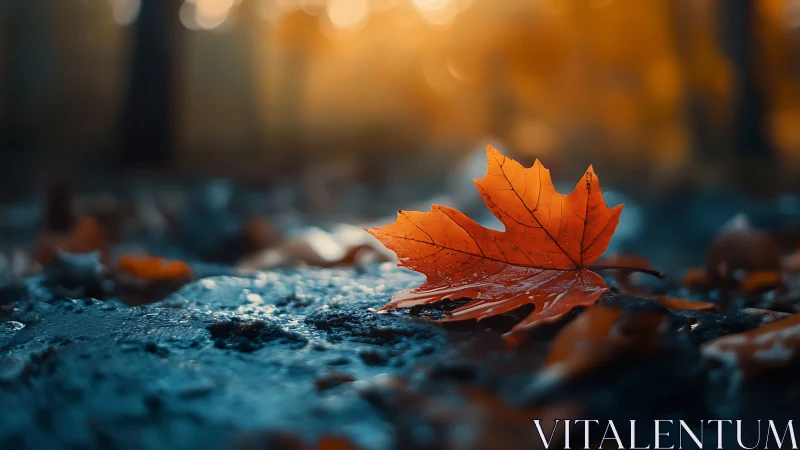 Wet orange leaf on dark ground in soft autumn light.