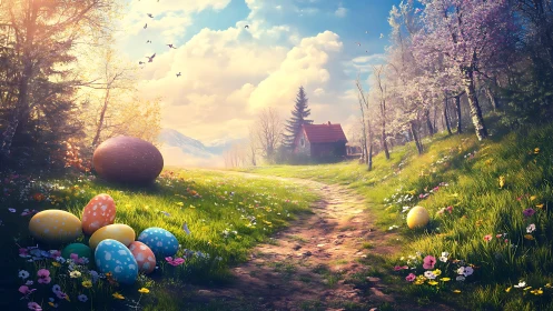 Spring forest path with oversized Easter eggs under warm backlight