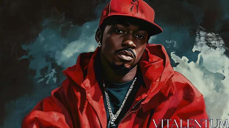 Chromatic portrait of streetwear figure in red shell jacket.