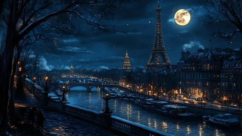 Moonlit Paris riverside with Eiffel Tower and city lights.