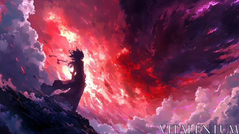 Stormlit wanderer pauses beneath a blazing crimson sky