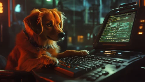 Dog using retro computer in neon lit tech workspace.
