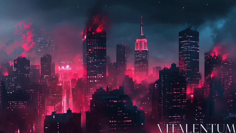 Neon red inferno over dark futuristic city skyline.
