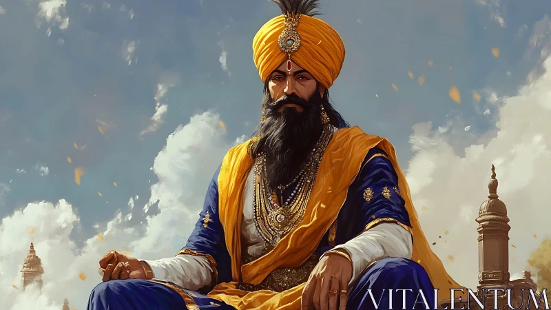 Seated turbaned figure in ornate attire before cloudy sky.