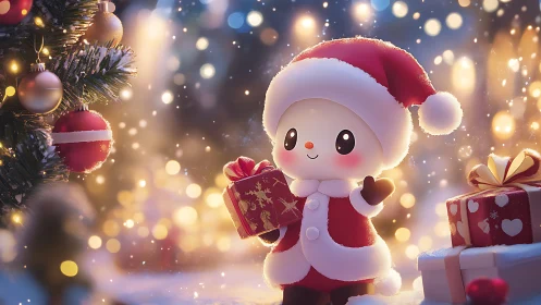 Cartoon character in Santa outfit holds gift by lit tree