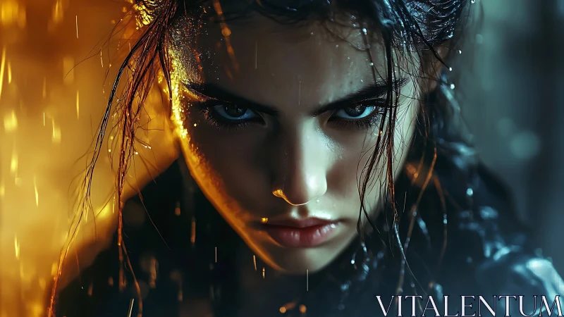 Wet-haired woman stares intensely into camera under rain