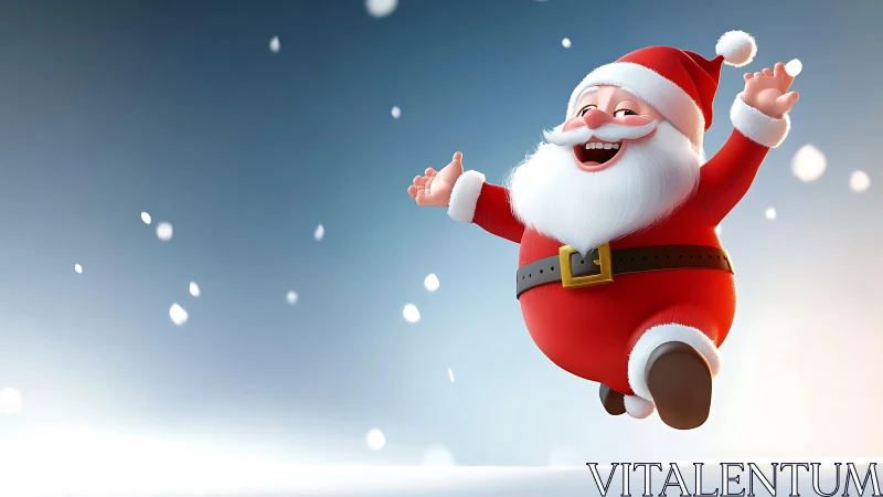 Joyful cartoon Santa jumps through softly falling snow.