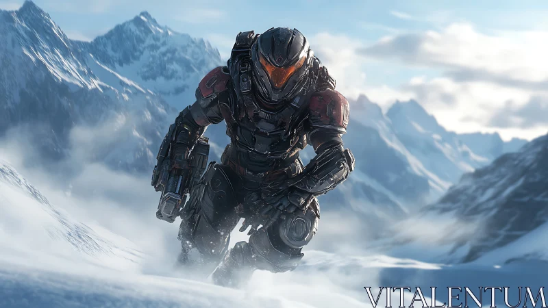 Armored exosuit trooper advances through volumetric alpine snowfield