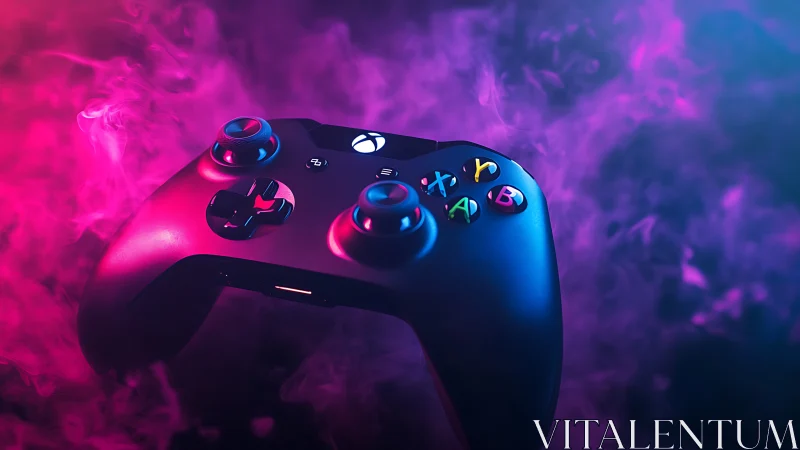 Gaming controller positioned against colorful neon background atmosphere.