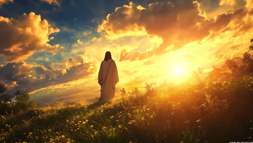 Lone robed wanderer walking into a blazing celestial sunrise.