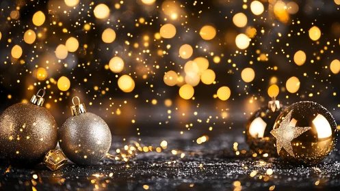 Golden Christmas baubles glow in a sparkling festive blur