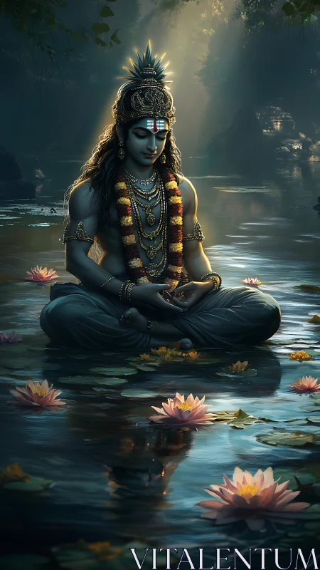 Divine yogi in moonlit lotus pond, serene digital vision.