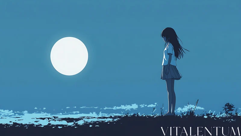 Quiet moonlit evening holds a thoughtful girl in blue light
