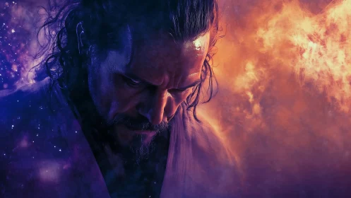 Male figure is rendered against contrasting nebula-like clouds