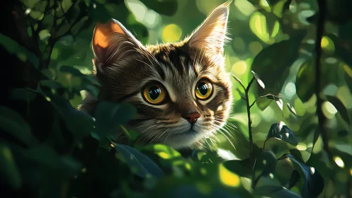 Felid specimen rendered with photorealistic digital techniques, luminous amber irises with contracte