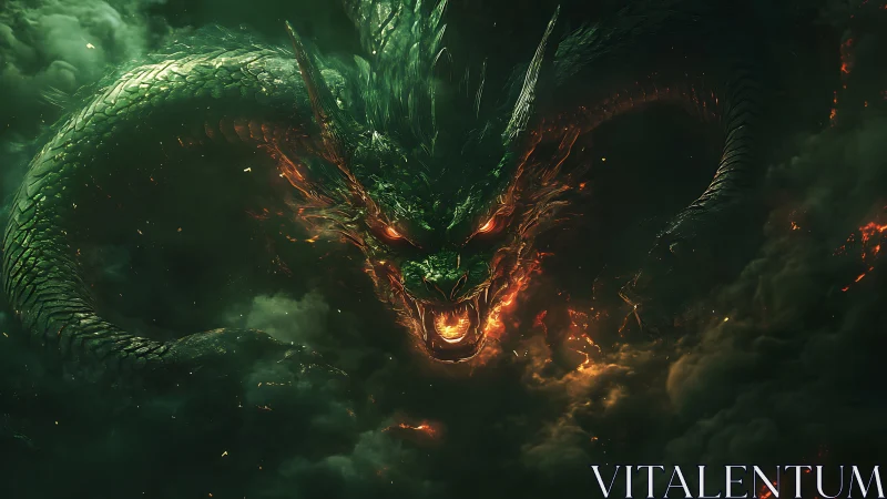 Emergent serpentine dragon amid dense green smoke field.