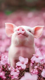 Pink piglet portrait in lush spring flower field.
