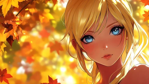 Golden autumn portrait of blue-eyed blonde anime girl.