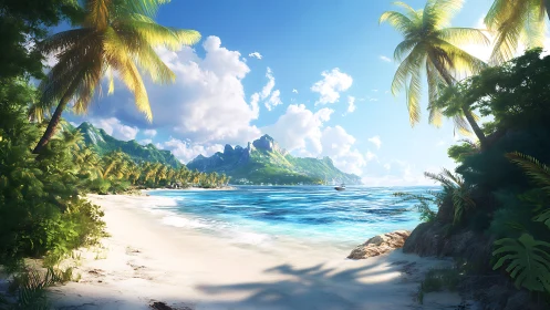 Tropical island beach scene with palm framed coastal mountain view.
