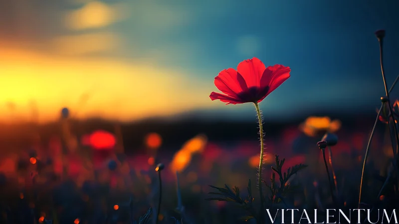 Red Poppy at Golden Sunset Over Field.