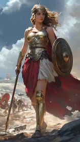 Armored Greek warrior woman striding across sunlit battlefield.