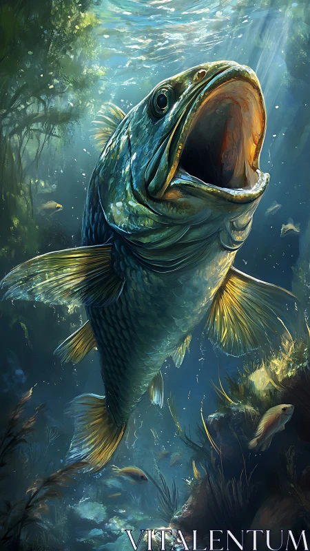 Largemouth bass surges upward through sunlit water column.