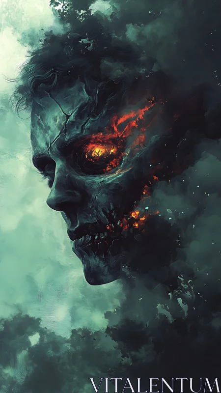 Burning skeletal profile emerging from dark green smoke.