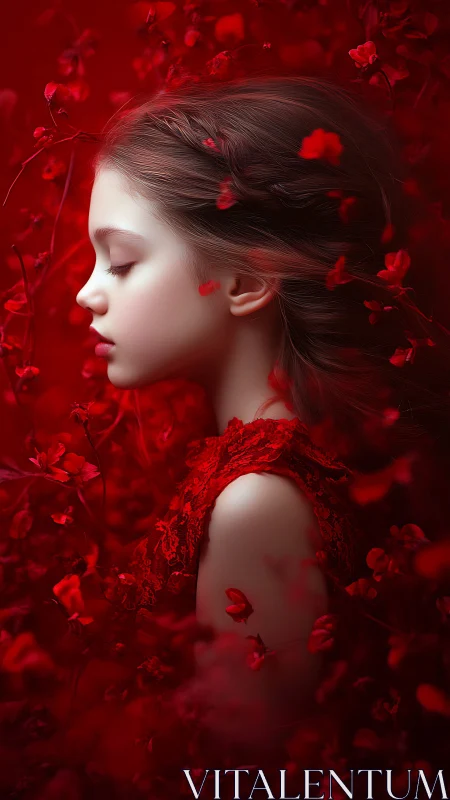 Portrait of Elegance Immersed in Crimson Floral Composition.