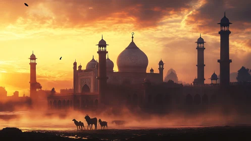 Sunlit desert palace emerging through glowing river mist.
