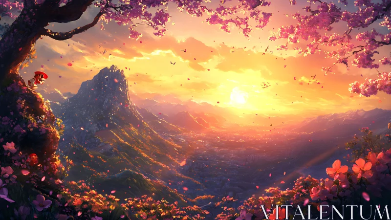 Sunset-illuminated valley with sakura blossoms and distant cityscape