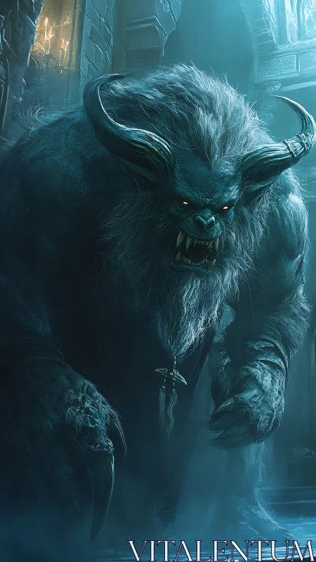 Frosted cathedral behemoth snarling in teal moonlight.