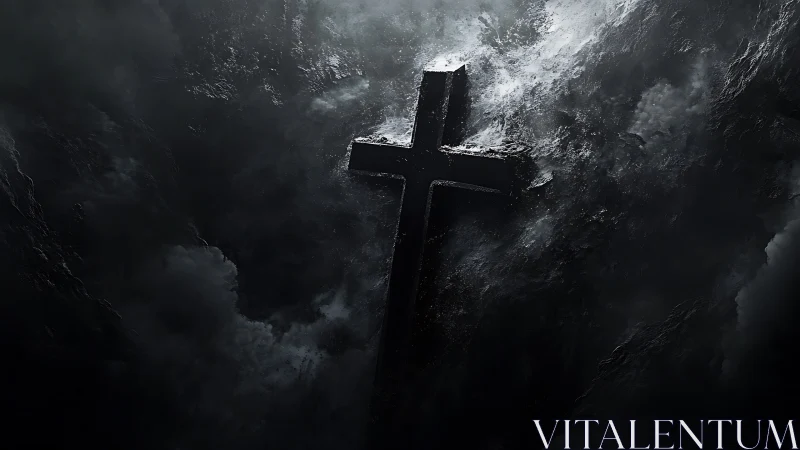 Stone cross emerges through stormy swirling black clouds.