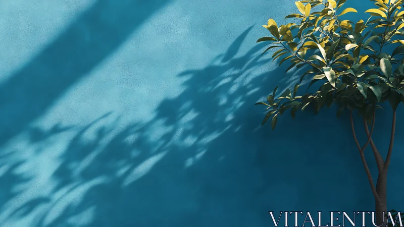 Sunlit courtyard tree scribbles soft shadows on teal wall