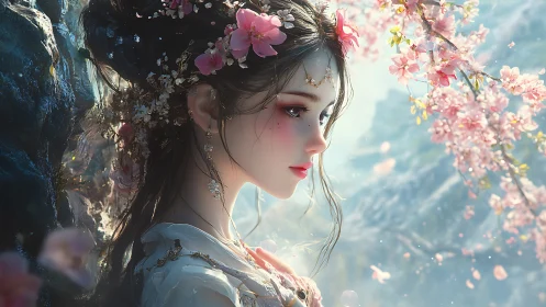 Spring blossom dreamer beside drifting cherry petals.