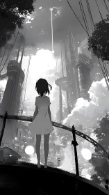 Solitary girl overlooking stark monochrome future cityscape.