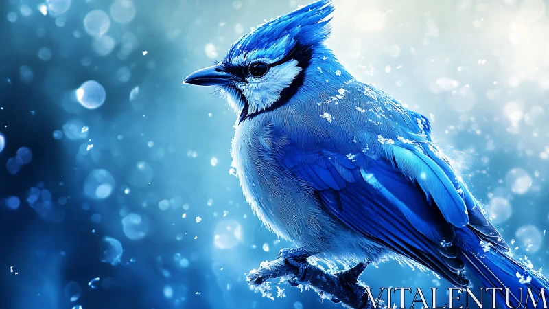 Vivid Blue Jay Perched in Snow, Dreamy Winter Photography Style.