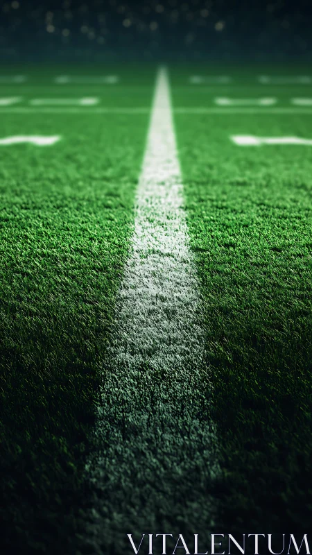 Football field sideline under stadium lights at night.