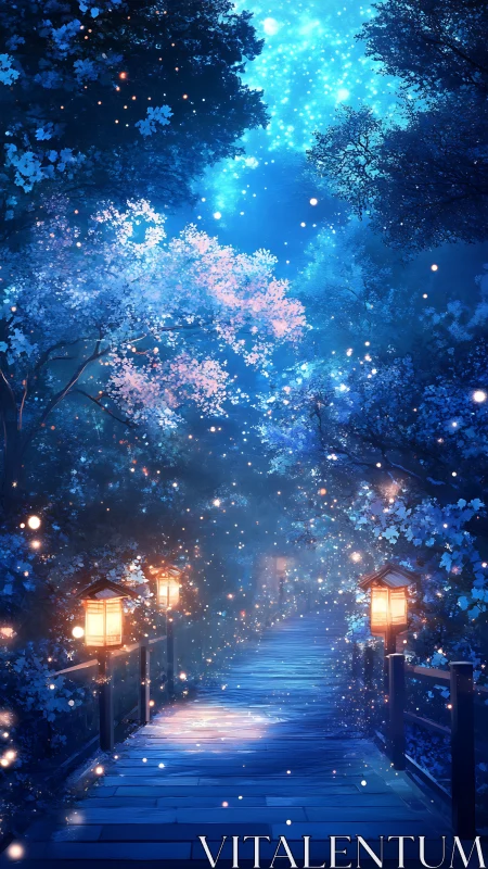 Night forest path with lanterns and glowing blue foliage.