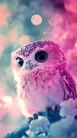 Small owl sits on branch in neon pink and teal lighting
