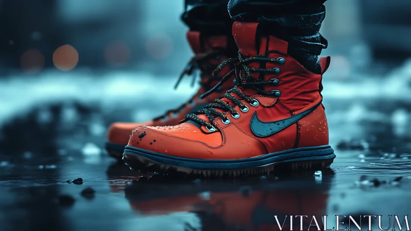 Storm-bright trail boots stride through neon city puddles.